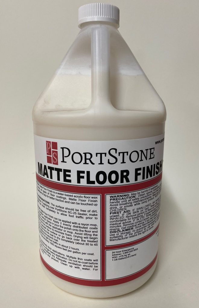 Matte Floor Finish.  Dries to a satin finish. When used above a high quality concrete sealer, this floor wax provides a long lasting, easy to maintain satin like finish for brick floors, concrete brick floors, and concrete floors.