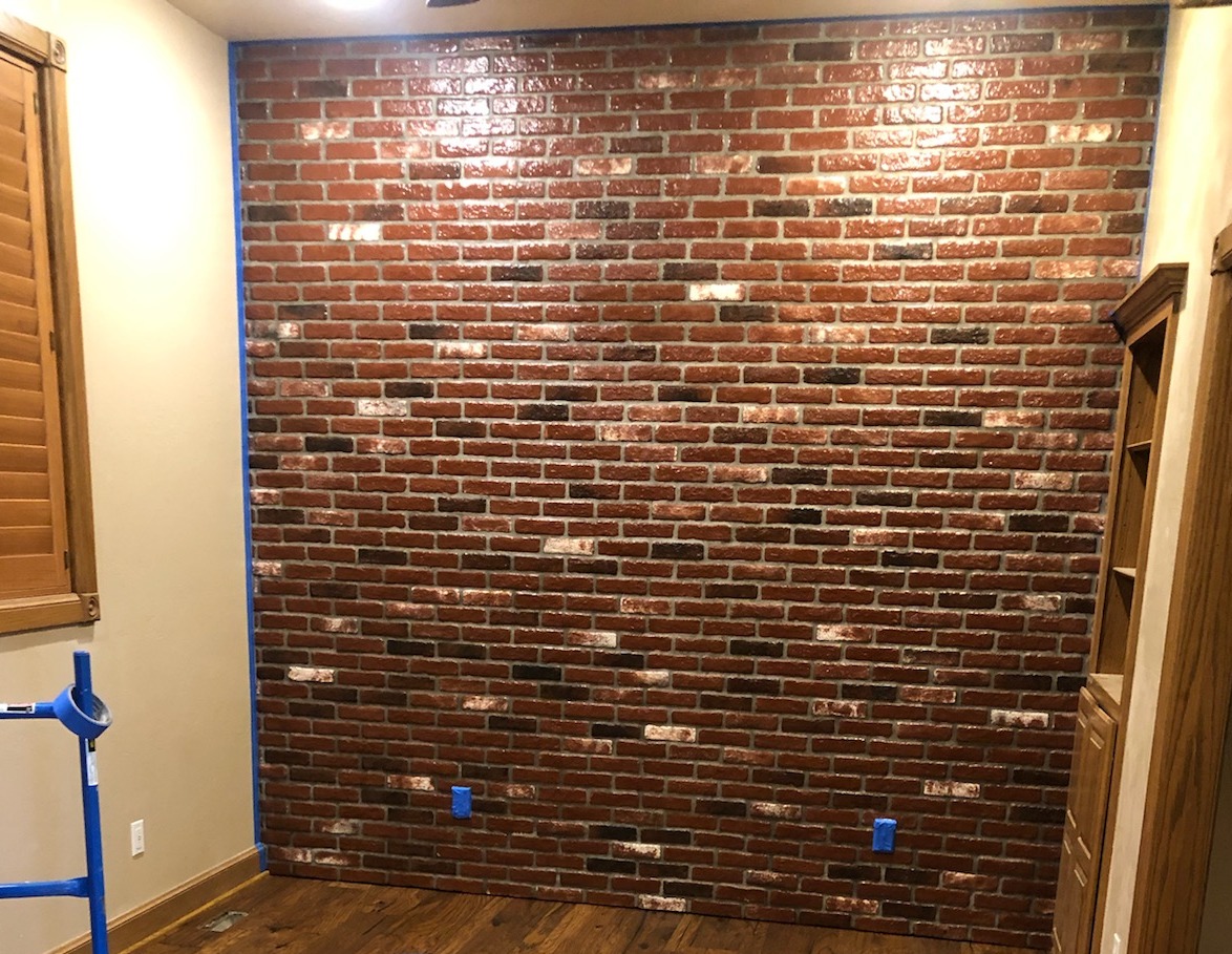 Sadie's Vineyard brick color.  Thin brick veneer on a bedroom wall.