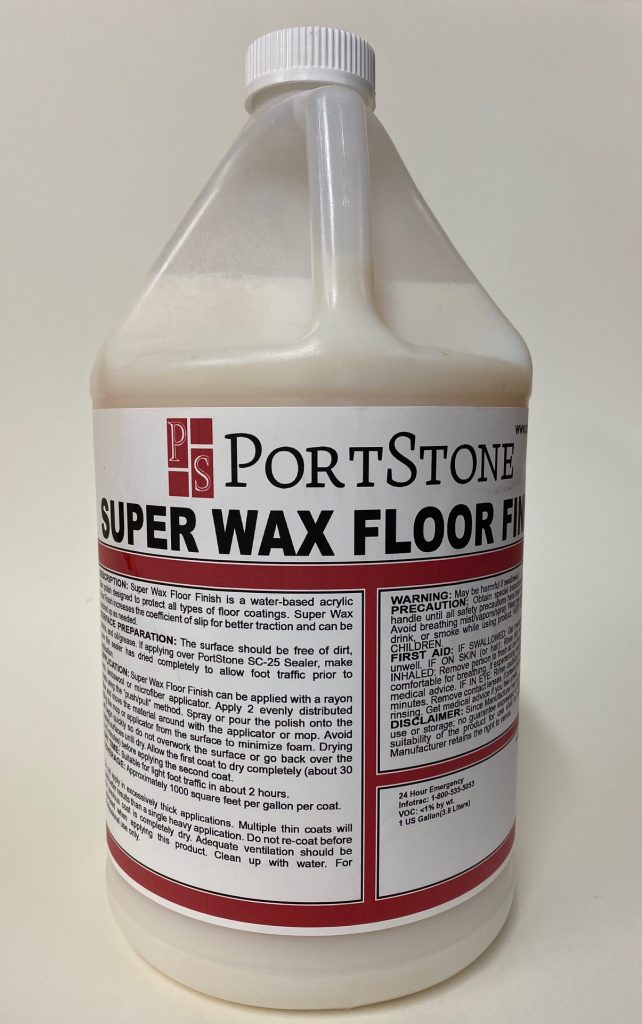 Super Wax Floor Gloss Finish brick floor finish.  When used above a high quality concrete sealer, this floor wax provides a long lasting, easy to maintain shine for brick floors, concrete brick floors, and concrete floors.