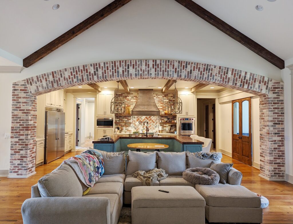 Old Chicago thin brick veneer blend on an archway.  Brick veneer backsplash in a kitchen.